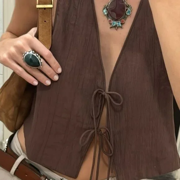 Zara Textured Tie-Front Cropped Vest Top - Brown - Size Small - Picture 5 of 5